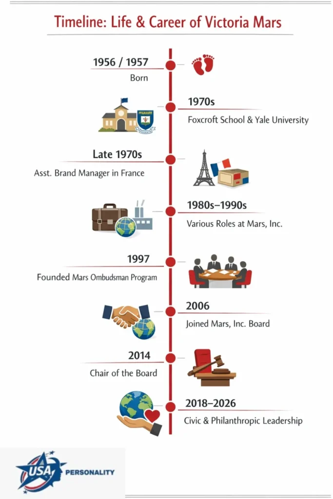 Timeline infographic titled “Timeline: Life & Career of Victoria Mars” showing key milestones from birth, education (Foxcroft, Yale), early brand work in France, founding the Mars Ombudsman program, joining Mars board, board chair, to civic leadership.