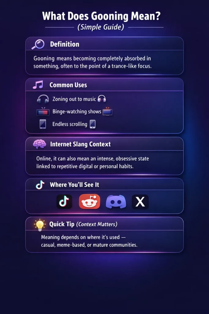 Infographic explaining the meaning of gooning, including definition, common uses like binge-watching and scrolling, and internet slang context.