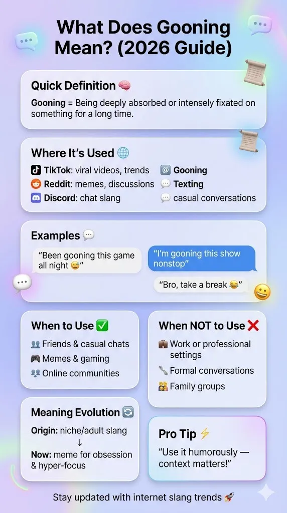 Infographic explaining the meaning of “gooning” in 2026 slang, including definition, usage on TikTok, Reddit, Discord, texting examples, and when to use or avoid it.